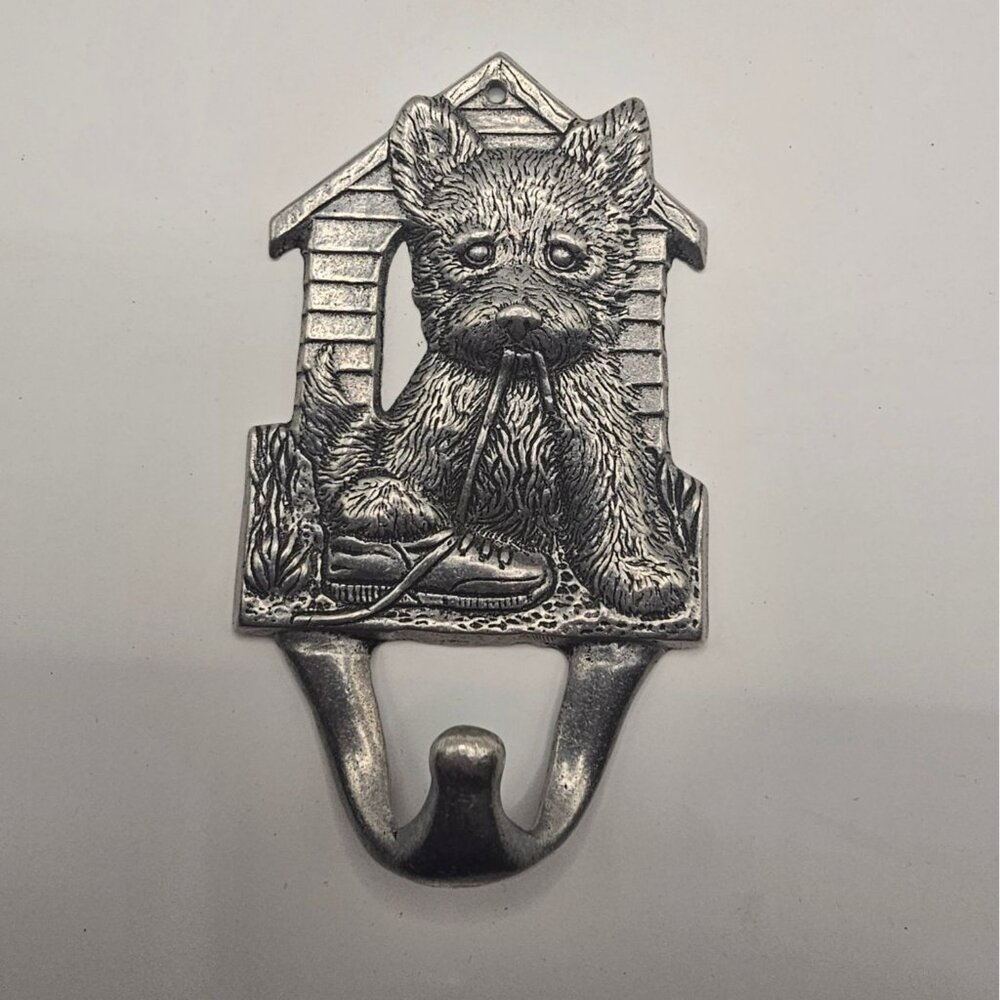 Vintage Pewter Dog Wall Hook With Doghouse Design Puppy Figurine Decorative Hang